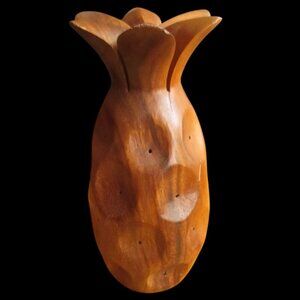 Vintage MCM Monkey Pod Carved Wooden Pineapple Toothpick Appetizer Holder 8"